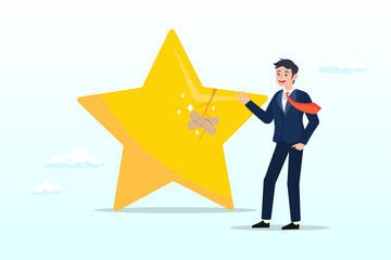 Businessman fix broken rating star with bandage, reputation management, customer experience or rating, crisis management to repair or fix customer trust problem, credit score or satisfaction (Vector)