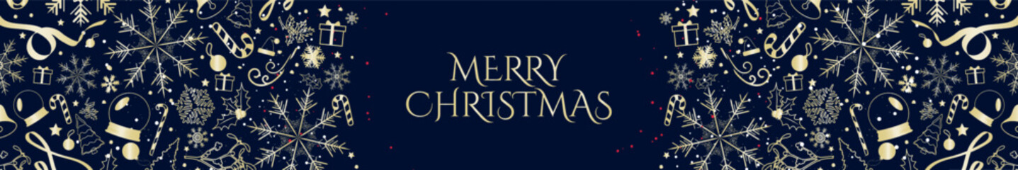 Golden Christmas Header Template on blue background. Decorative and elegant Christmas Horizontal Banner with gold xmas designs and icons. Merry Christmas. Vector Illustration. EPS 10.