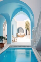 Fototapeta na wymiar Luxurious and modern villa in Santorini, featuring a pool and offering a panoramic view of the sea.