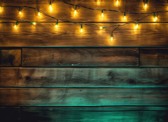 lighted christmas lights on wooden background frame