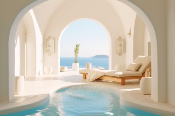 Fototapeta na wymiar Luxurious and modern villa in Santorini, featuring a pool and offering a panoramic view of the sea.