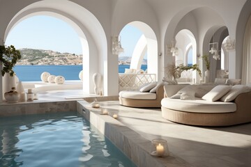 Fototapeta na wymiar Luxurious modern villa in Santorini, complete with a pool and breathtaking sea views