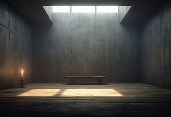 dark concrete room with light shining