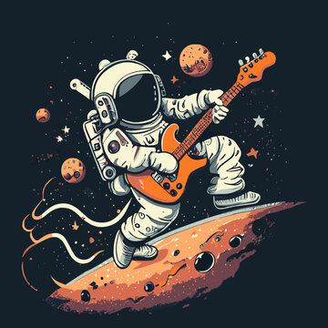 illustration of a astronaut palying a guitar in zero gravity t shirt design © purplepixels