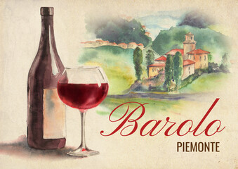 Barolo wine poster with Langhe landscape, wine bottle and wine glass hand painted in watercolour