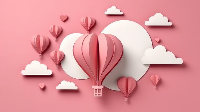 Happy birthday concept 3D heart shaped balloons flying with gift boxes on pink background. Love concept for Happy Mother's Day. Valentine's Day.