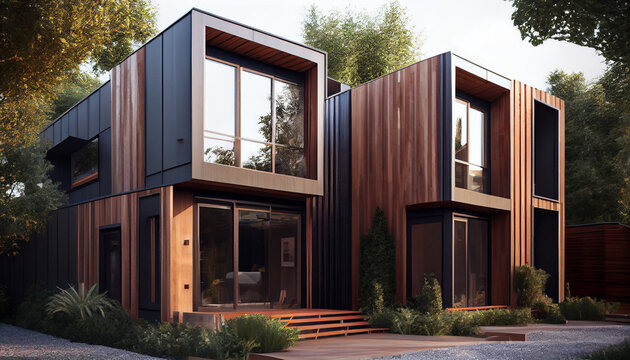 Modern modular private townhouses with wooden cladding. Ai generated image