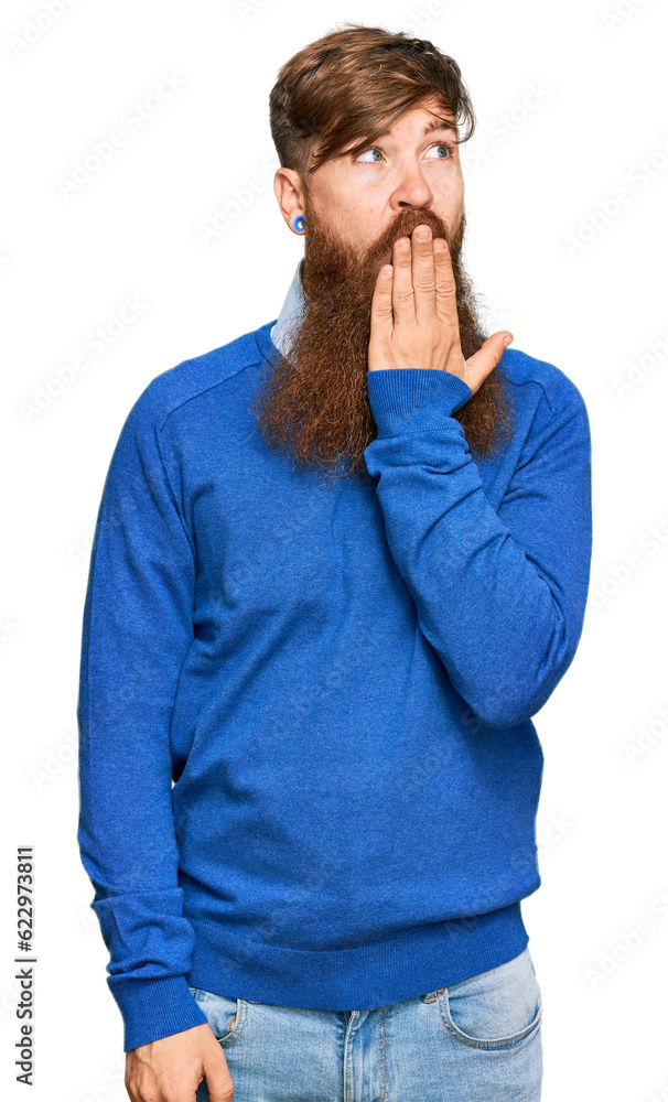 Sticker Young irish redhead man wearing casual clothes bored yawning tired covering mouth with hand. restless and sleepiness.