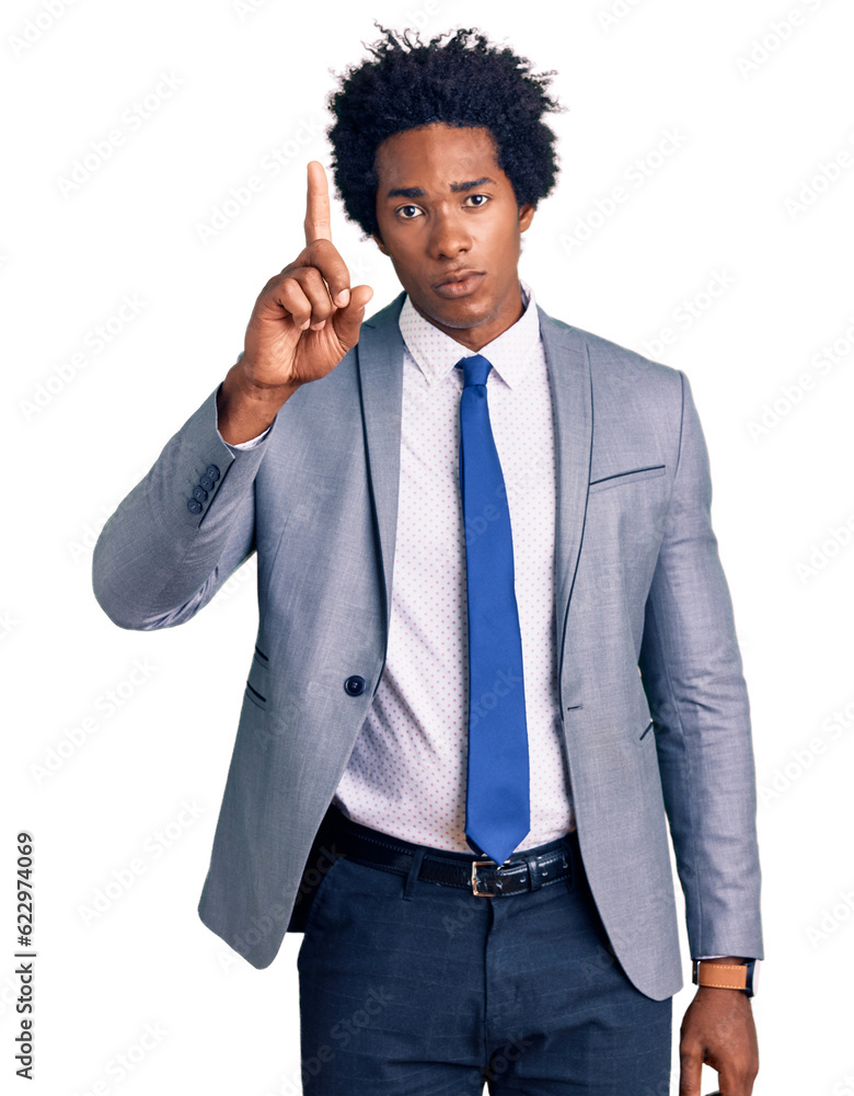 Sticker handsome african american man with afro hair wearing business jacket pointing with finger up and ang