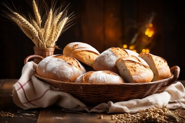Variety Of Bread In Wicker Basket, Generative AI