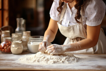 Obraz na płótnie Canvas Woman Kneading Flour In Kitchen, Generative AI