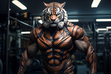 Fototapeta na wymiar fit Tiger standing at the gym, Majestic Tiger Fiercely Poised at the Gym for a Powerful Workout, generative AI