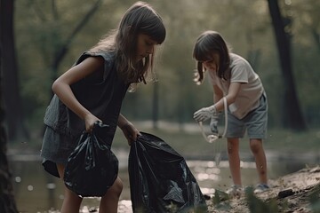 Children cleaning up a forest of waste. AI generative