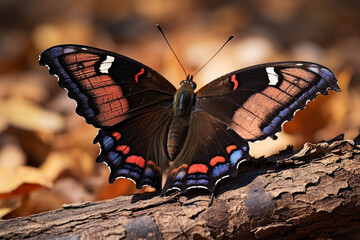 A closeup shot of a beautiful mourning cloak butterfly - Generative AI