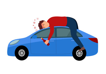 Drunk driver sleeping on car in flat design on white background. Drink don’t drive campaign concept vector illustration.