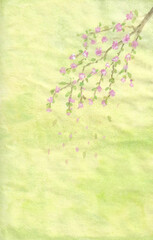 Watercolor painting nature background of pink flower branch on paper. Landscape. illustration for environment or spring, summer and season concept. copy space for text. Hand painted texture style.