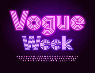 Vector neon Banner Vogue Week. Maze glowing Font. Light Tube set of Alphabet Letters, Numbers and Symbols