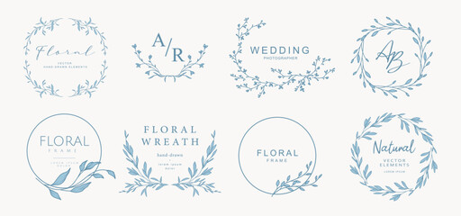 Logo templates with hand drawn silhouettes of branches, flowers and leaves. Wreath in line art. Elegant vector floral frame for labels, corporate identity, wedding invitation save the date
