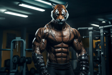 Fototapeta na wymiar fit Tiger standing at the gym, Muscular Tiger Exuding Strength at the Gym, generative AI