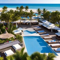 Fototapeta premium 168 A contemporary beach club with stylish cabanas, beachside bars, and a vibrant atmosphere, providing the perfect setting for relaxation and socializing2, Generative AI