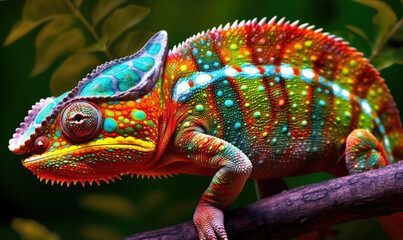 Obraz premium Vibrant World: A Kaleidoscope of Colorful Chameleons in their Natural Habitat GENERATIVE AI, AI GENERATIVA