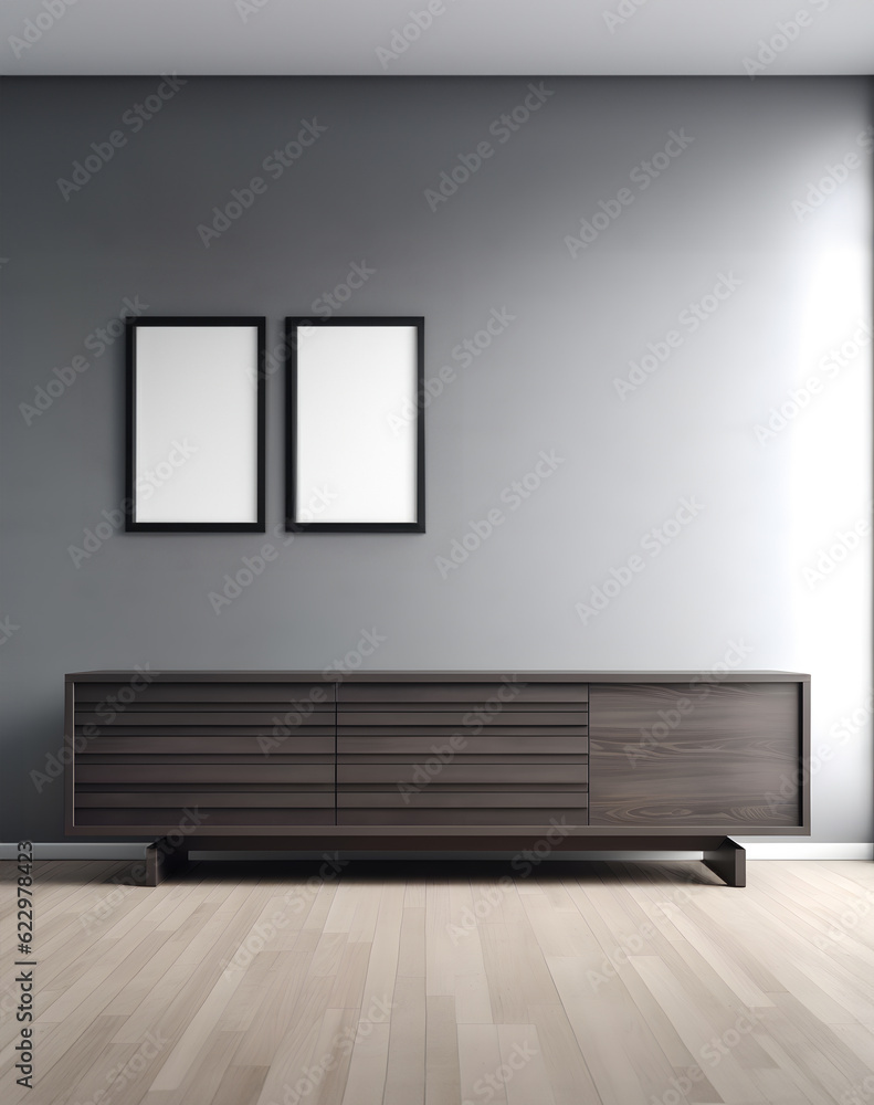 Poster creative interior concept. large blank empty minimal wall room with cabinet shelf sideboard and phot