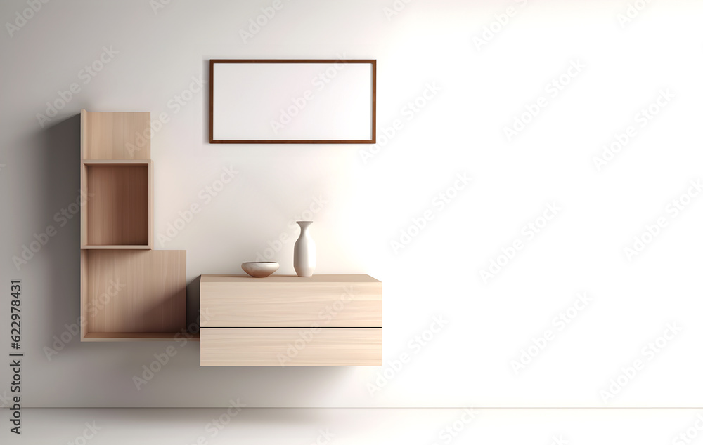 Poster creative interior concept. large blank empty minimal wall room with cabinet wall shelf and photo fra