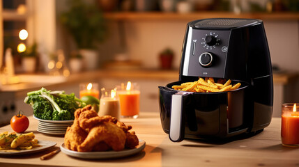 an airfryer on a table next to chicken and fries