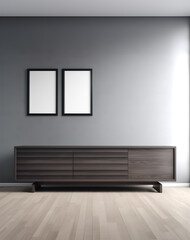 Creative interior concept. Large blank empty minimal wall room with cabinet shelf sideboard and photo frame. Banner template for product presentation. Mock up. copy text space	