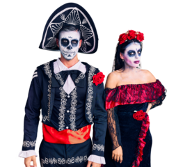 Young couple wearing mexican day of the dead costume over background relaxed with serious expression on face. simple and natural looking at the camera.