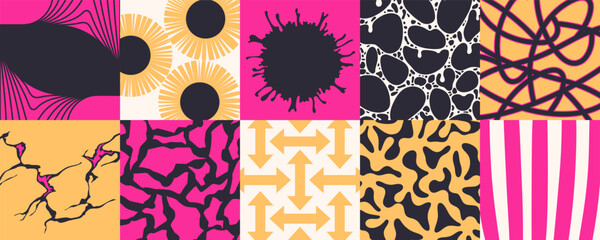 Set of square cards with abstract and surreal elements and patterns. Decoration design elements. Vector template