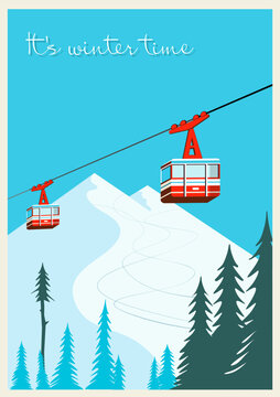 Vintage Winter cartoon background, poster. Red ski Lift Gondolas moving in Snow Mountains