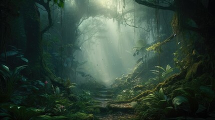 Fototapeta na wymiar Lush Rainforest with morning fog