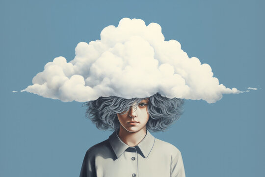 Girl with cloud on her head, mental health concept.