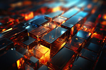 black and amber illuminated cubes. 3d background. ai generative