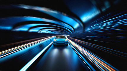 Obraz premium Speeding blue color electric sports car on neon tunnel. Future supercar on a tunnel with colorful lights trails. 3D rendering.