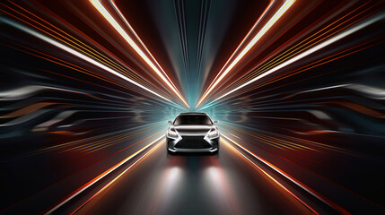 Speeding electric sports car on neon tunnel. Future supercar on a tunnel with colorful lights trails. 3D rendering.