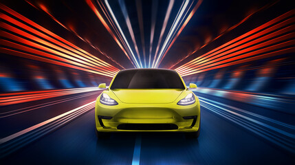 Plakat Speeding yellow color electric sports car on neon tunnel. Future supercar on a tunnel with colorful lights trails. 3D rendering.