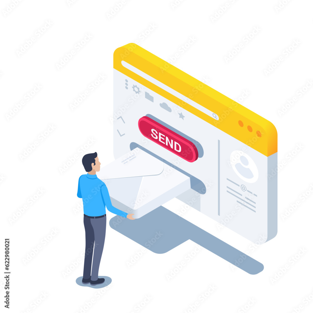 Poster isometric vector illustration on a white background, a man puts an envelope in the window of the mai