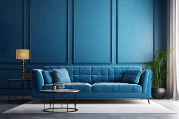 Interior of living room with blue sofa 3d rendering