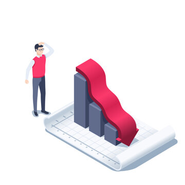 isometric vector illustration on a white background, a man looks puzzled at a chart with an arrow falling down, a financial crisis or a downturn in business