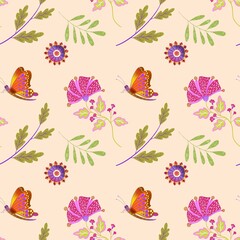 seamless pattern with flat flowers and butterflies 