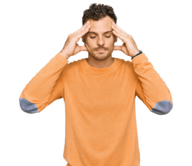 Young hispanic man wearing casual clothes with hand on head for pain in head because stress. suffering migraine.