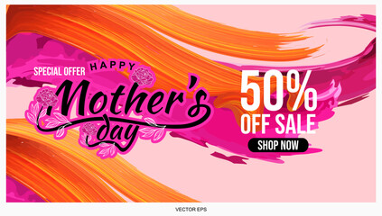 Happy Mothers Day vector Sale banner. Holiday background with brush colorfull watercolor pink, blue, purple and red. Modern design for poster, flyer, greeting card, header for website