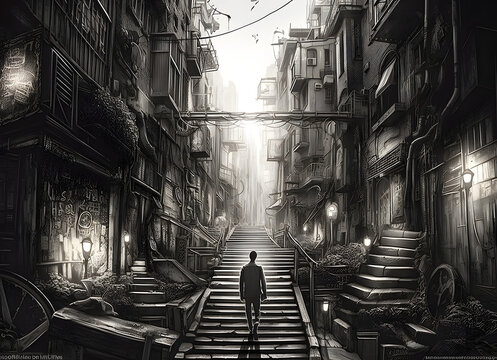 Post-apocalyptic cityscape with lonely man