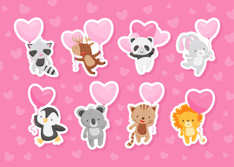 Cute Animals Holding Heart Shaped Pink Balloons Vector Sticker Set