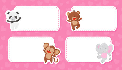 Empty Note Card with Cute Animal Cheering Vector Template