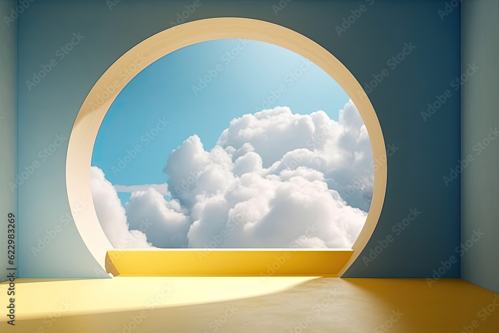 Poster abstract blue room with round exit to balcony with clouds in the background, created with generative