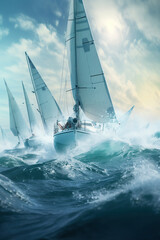 Beautiful sailboats sailing in a team close-up, Racing sail boats, ships race  in the ocean waves, Travel and tourism at sea, AI Generative.