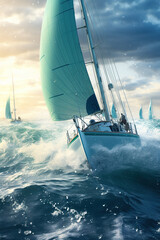 Beautiful sailboats sailing in a team close-up, Racing sail boats, ships race  in the ocean waves, Travel and tourism at sea, AI Generative.